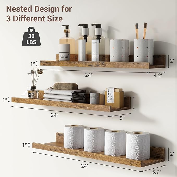 Axeman Picture Ledge Shelf | 24 Inch Brown Floating Shelves Set of 3 | Rustic Brown Wood Wall Shelves with Lip | 24