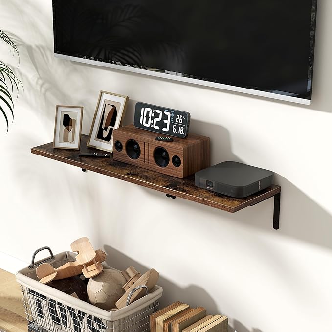 Fun Memories Deep Floating Shelves, 16W x 8D Floating Shelves Set of 2, Wall Mounted Shelf with Metal Brackets, Rustic Wood Wall Shelf for Bathroom, Kitchen and Living Room, Rustic Brown