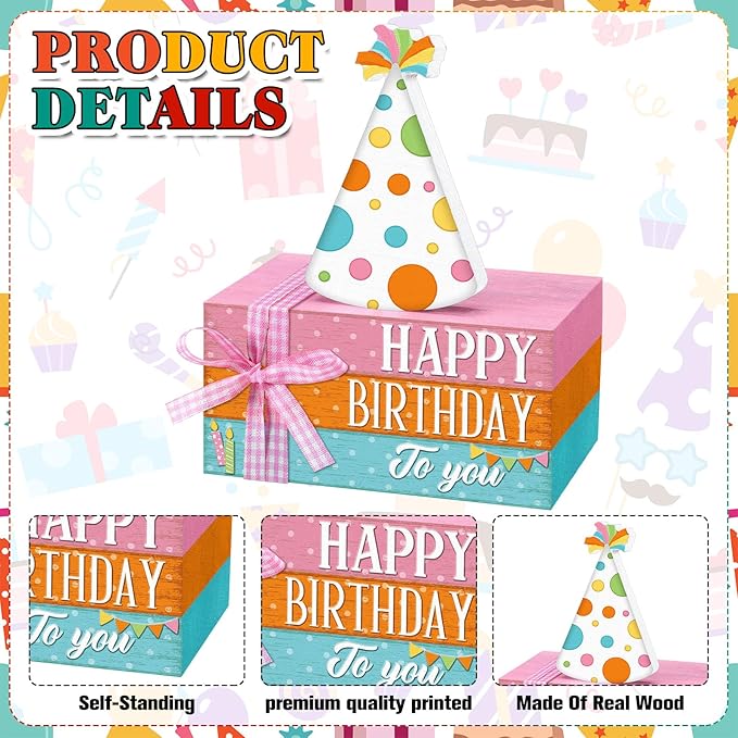 Geelin 4 Pcs Birthday Wooden Book Stack Decor, Rustic Happy Birthday Table Centerpieces with Party Hat Wooden Sign, Colorful Tiered Tray Decorations for Home, Office, and Party Table Decor