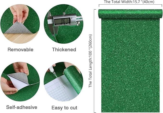 CHIHUT Sparkly Glitter Wallpaper Stick and Peel for Walls Decorative Self Adhesive Shiny Glitter Green Contact Paper for Cabinets Removable Glitter Fabric Wallpaper for Bedroom Dresser 15.7''x100''