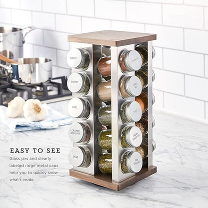 Kamenstein 20 Jar Vintage Spice Rack with Spices Included, Revolving Countertop Spice Organizer with Glass Jars, Labeled Caps, Removable Sifter Discs, and Free Refills for 5 Years