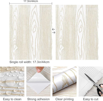 Yun-aeon White and Gold Wood Contact Paper 17.3"x80" Rustic Wooden Peel and Stick Wallpaper Removable Self-Adhesive Wallpaper Wood Grain Contact Paper for Countertops Cabinets
