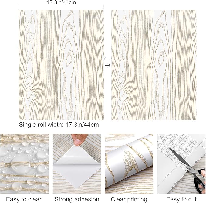Yun-aeon White and Gold Wood Contact Paper 17.3"x120" Rustic Wooden Peel and Stick Wallpaper Removable Self-Adhesive Wallpaper Wood Grain Contact Paper for Countertops Cabinets