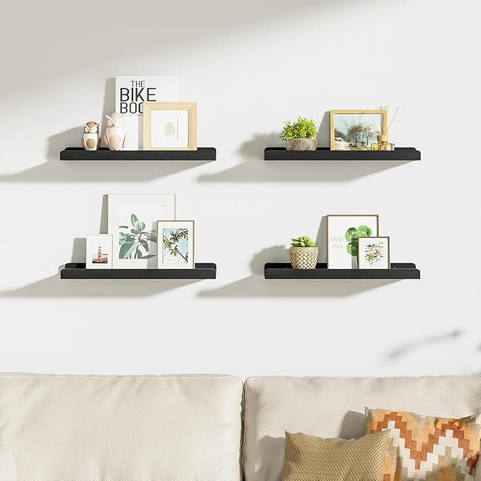 Love-KANKEI Black Floating Shelves for Wall Set of 4, Wood Wall Shelves with Lip,15.6 Inch Rustic Hanging Shelves for Bedroom Bathroom Living Room Kitchen Nursery Display