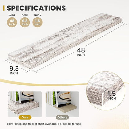 48 Inch Floating Shelves, 9.3" Deep Floating Shelf Wall Mounted, 48" Wall Shelves, Rustic Deep Bookshelf, Large Display Shelves & Storage Shelves for Bedroom, Living Room, Rustic, Set of 2