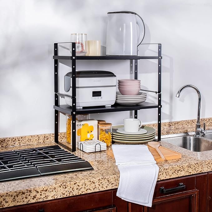 Expandable Cabinet Shelf Organizer Rack, Stackable Kitchen Counter Storage Shelves Stand, Adjustable Height Pantry Shelf Spice Rack (Black, 1 Pack)