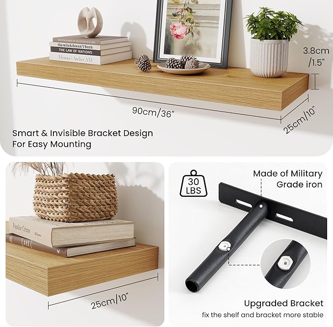 Fun Memories Floating Shelves for Wall 36 Inches, Wood Shelves with Invisible Bracket, 10