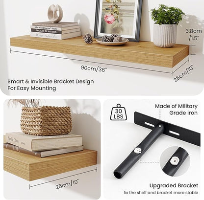 Fun Memories Floating Shelves for Wall 36 Inches, Wood Shelves with Invisible Bracket, 10" Deep Shelves Wall Mounted, Large Wood Floating Shelves for Living Room Bathroom, Oak, Set of 2