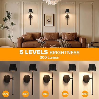 LUTEC Cordless Wall Sconces Set of 2, 5200mAh Wireless Rechargeable Battery Operated LED Wall Lamps, 3 Color Stepless Dimming Portables Lightings for Wall Painting/Living Room/Bedroom/Hallway Decor