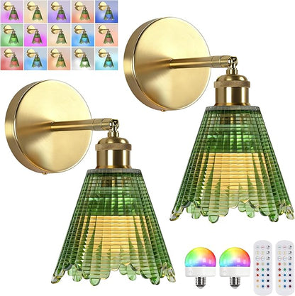 Vintage Battery Operated Wall Sconce with Green Crystal Grid Glass Lampshade Rechargeable Battery Powered Wall Light with Remote Control for Bedside Bedroom Bathroom, Set of 2