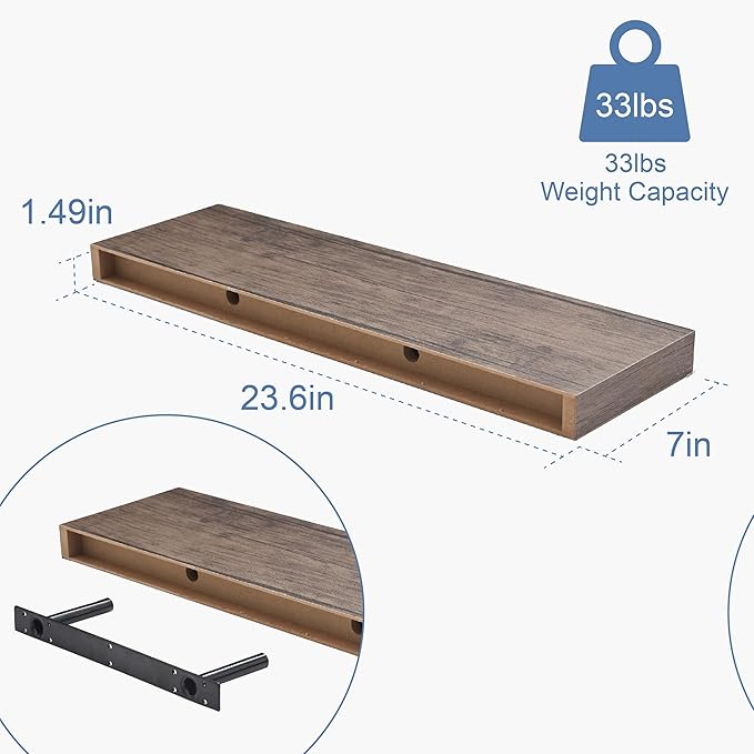 Floating Shelves for Wall, Bathroom Shelves Over Toilet, Wall Shelves & Book Shelf for Room, Hanging Shelf, Modern Wooden Mounted Floating Shelves, 24x7x1.5 in (Smoke Gray, Set of 2)