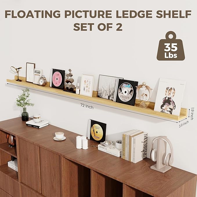 Axeman 72 Inch Floating Shelves | Picture Ledge Shelf Set of 2 | Oak Wall Shelves with Lip | Oak Picture Shelf for Wall with Ledge | Photo Ledges 72 Inch