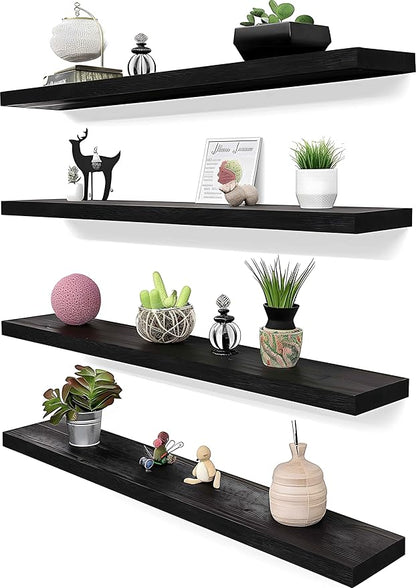 36 Inch Black Wood Floating Shelves for Wall Rustic Wall Shelf for Bedroom Living Room Set of 4