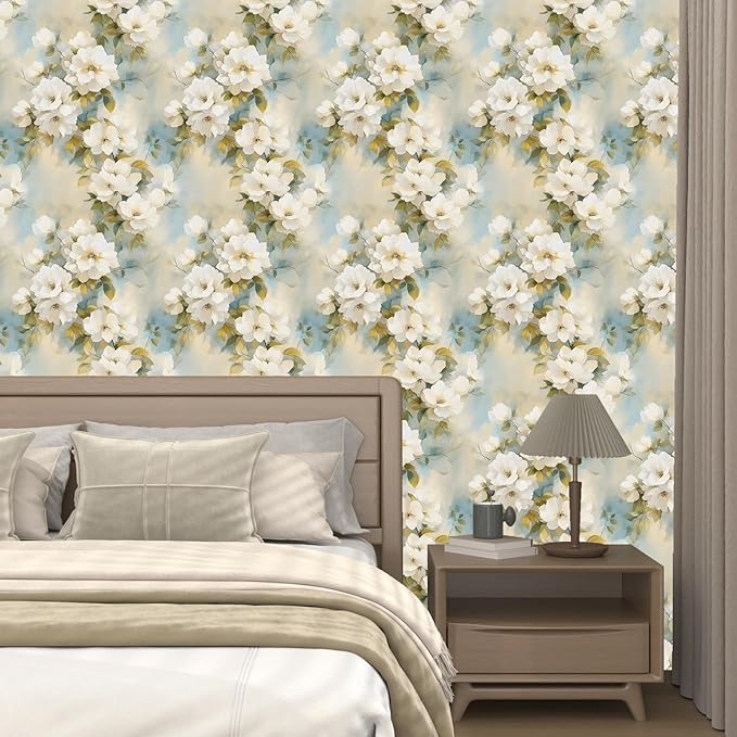 Floral Wallpaper Peel and Stick Vintage Beige Flowers Contact Paper Vinyl Waterproof Self Adhesive Removable Green leaf Modern Wall Murals for Bedroom Walls Shelves Cabinet Decoration 17.5