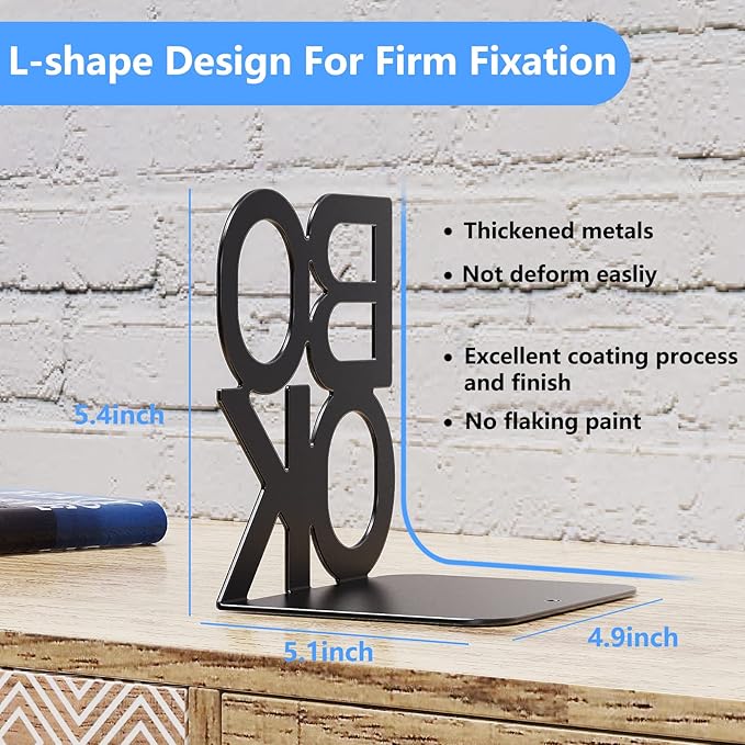 Book Ends - Decorative Metal Book Ends Supports for Bookrack Desk,Books, Unique Appearance Design,Heavy Duty (Black, 8 Pair)