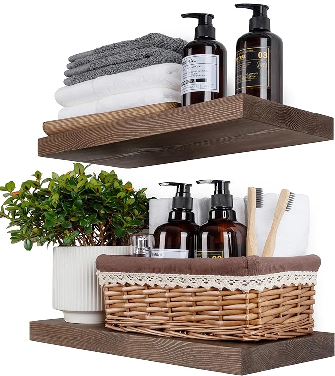 BGMG Wood Floating Shelves for Wall 18 inch Set of 2, Rustic Wooden Wall Mount Shelves for Bathroom Living Room Bedroom Kitchen Farmhouse -18x 6.7 x1.25 inch- Walnut Color