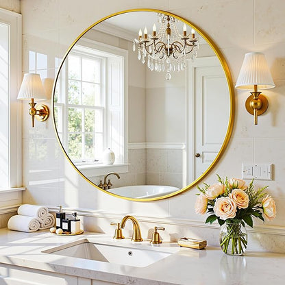 Antok Wall Mirror, 24"x24" Bathroom Vanity Mirror, Anti-Rust HD Tempered Glass, Wall Mounted Mirrors for Living Room, Entryway, Gold Frame, Round