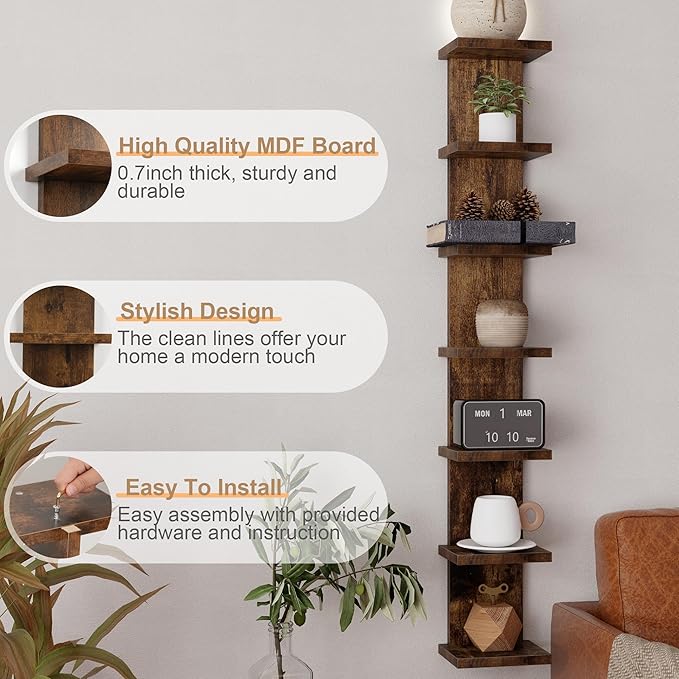 Fun Memories 7 Tier Wall Shelf Unit, Decorative Wall Mount Vertical Shelving, Floating Storage Home Decor Organizer Tall Tower Design Utility Shelving Bedroom Living Room