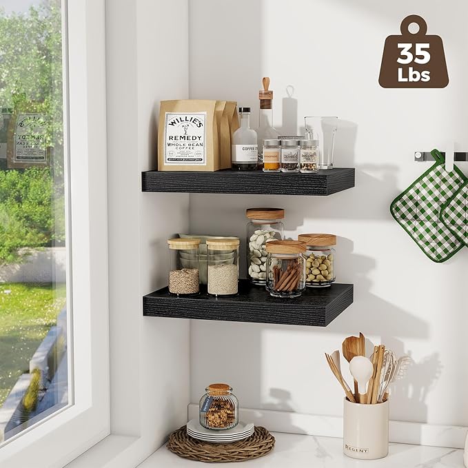 Fun Memories 12 Inch Deep Floating Shelves, 16 x 12 Wooden Wall Shelves, Extra Deeper & Thicker Rustic Wall Mounted Storage Shelf for Fireplace, Living Room, Kitchen, Farmhouse, Black - 3Pack