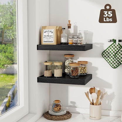 Fun Memories 12 Inch Deep Floating Shelves, 16 x 12 Wooden Wall Shelves, Extra Deeper & Thicker Rustic Wall Mounted Storage Shelf for Fireplace, Living Room, Kitchen, Farmhouse, Black - 3Pack