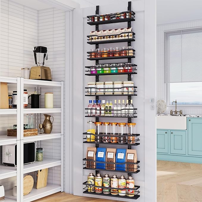 Over The Door Pantry Organizer，9-Tier Over The Door Organizer with Adjustable Basket，Metal Hanging Pantry Organizers and Storage for Kitchen, Back of Door Seasoning Rack (Black)