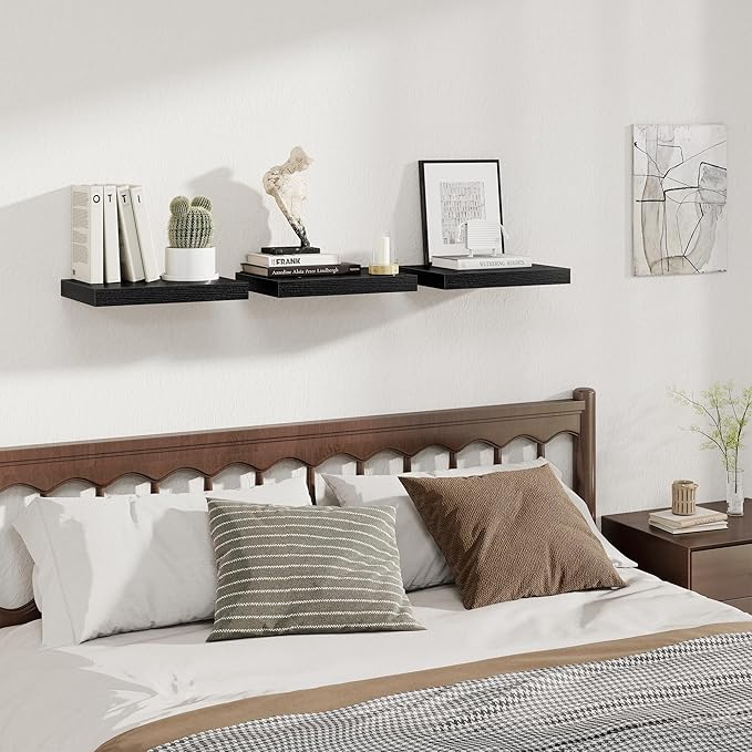 Fun Memories 12 Inch Deep Floating Shelves, 16 x 12 Wooden Wall Shelves, Extra Deeper & Thicker Rustic Wall Mounted Storage Shelf for Fireplace, Living Room, Kitchen, Farmhouse, Black - 3Pack