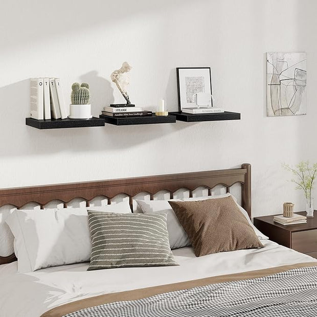 Fun Memories 12 Inch Deep Floating Shelves, 16 x 12 Wooden Wall Shelves, Extra Deeper & Thicker Rustic Wall Mounted Storage Shelf for Fireplace, Living Room, Kitchen, Farmhouse, Black - 3Pack