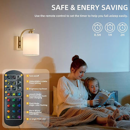 Battery Operated Wall Sconce Set of 2,Gold Rechargeable Wall Lights with Remote Control,15 Colours Wireless Wall Sconce with 3000mAh Dimmable Detachable Bulb for Bedroom, Living Room and Hallway