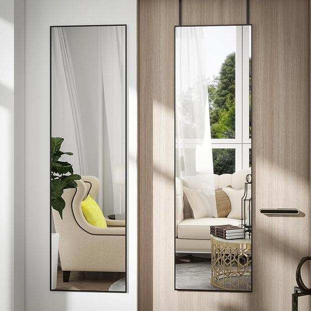 Full Length Door Mirror 14x48, Metal Frame with Protective Film, No-Drilling Hanging or Wall Mount (Horizontal/Vertical), Hooks & Hardware Included, Full Body Mirror for Bedroom, Dorm, Black