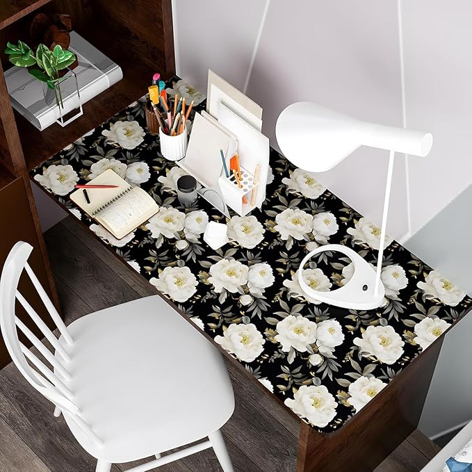 Dark Floral Wallpaper Peel and Stick Boho Wallpaper 17.5in x393in White Floral Contact Paper Self Adhesive Waterproof Vintage Flowers Wall Paper for Bedroom Walls Countertop(White,Golden)