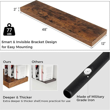 Floating Shelves for Wall, 48" W x 12" D x 2" H, 2 Pack of Long Wall Mounted Engineered Wood Shelves with Invisible Brackets for Living Room, Bedroom, Bathroom, Kitchen Decor, Brown