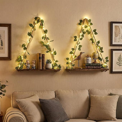 2 Set Floating Shelves for Wall, Plant Wall Decor, Hanging Shelf, Floating Shelves with Irregular Wooden Board Design LED Lights and Green Leaves, Boho Hanging Shelf for Home Decor Holiday