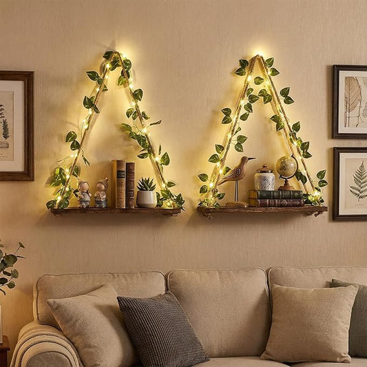 2 Set Floating Shelves for Wall, Plant Wall Decor, Hanging Shelf, Floating Shelves with Irregular Wooden Board Design LED Lights and Green Leaves, Boho Hanging Shelf for Home Decor Holiday