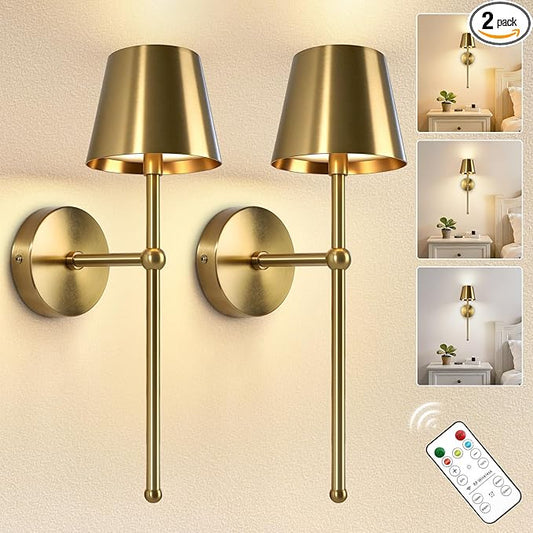 Kimjo Battery Operated Wall Sconce Set of 2, Rechargeable Wireless Wall Sconces Light with Dimmable Timer Remote, 5200mAh Gold Cordless Wall Light for Bedroom Living Room Hallway Decor