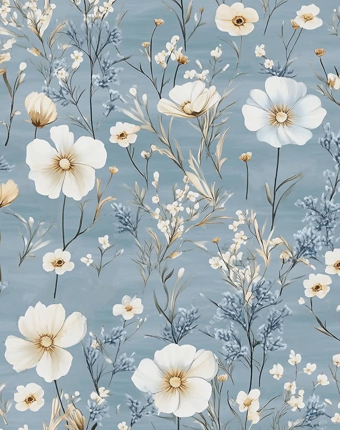 Blue Floral Peel and Stick Wallpaper White Botanical Contact Paper Vintage Leaf Wall Mural for Bedroom Bathroom Vinyl Waterproof Self Adhesive Removable Renter Dorm Wall Paper 17.5" x 118"