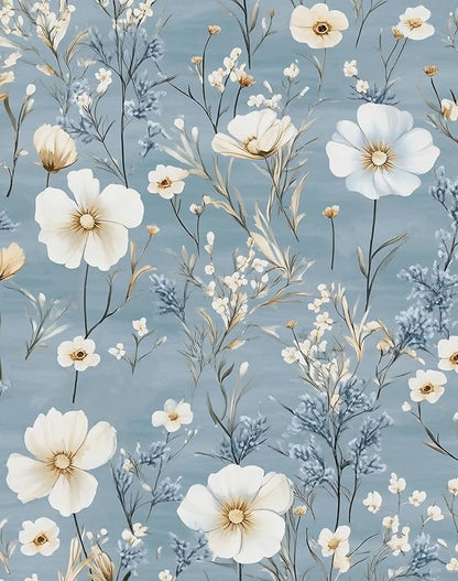 Blue Floral Peel and Stick Wallpaper White Botanical Contact Paper Vintage Leaf Wall Mural for Bedroom Bathroom Vinyl Waterproof Self Adhesive Removable Renter Dorm Wall Paper 17.5" x 118"