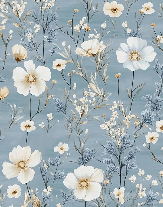 Blue Floral Peel and Stick Wallpaper White Botanical Contact Paper Vintage Leaf Wall Mural for Bedroom Bathroom Vinyl Waterproof Self Adhesive Removable Renter Dorm Wall Paper 17.5" x 118"