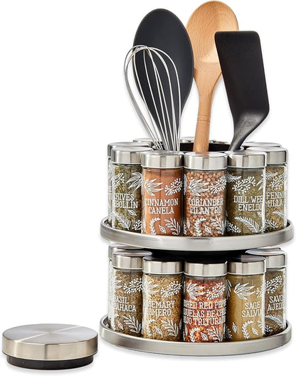 Kamenstein 20 Jar Revolving Spice Rack with Integrated Tool Caddy, Brushed Stainless Steel with Stainless Steel Caps