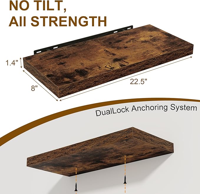 Floating Shelves for Wall, 22.5"W x 8"D Wall Shelf, Rustic Wood Floating Shelf 22.5 Inch Long, Bathroom Shelves Set of 2, 8 Inch Deep Floating Shelves for Living Room, Bedroom, Kitchen, Rustic Brown