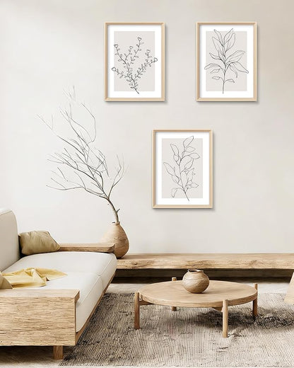 HesenDot 12x16in Botanical High Framed Wall Art Set of 3, Minimalist Line Drawing Plant Canvas Prints, Neutral Modern Nature Wall Decor for Living Room Bedroom Bathroom Office