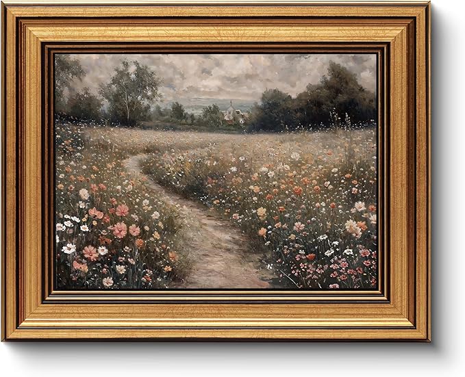 HUARCEY Gold Framed Vintage Wall Art for Living Room, Flowers Painting Prints Shelf Decor for Kitchen, Landscape Bedroom Wall Art, Christmas Gifts for Friends or Family (Flowers Path - 8