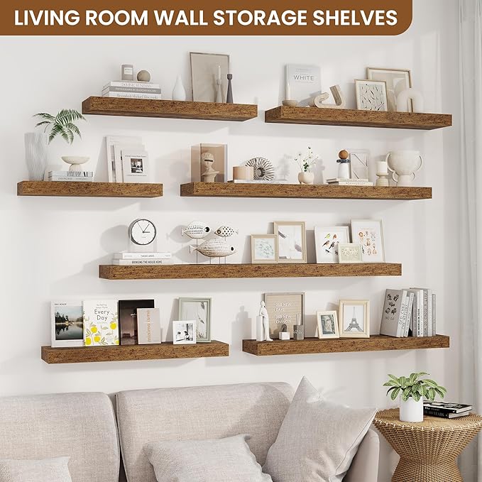 fuqing Floating Shelves for Wall, Wall Mounted Wood Floating Shelf with Invisible Brackets for Living Room, Bathroom, Bedroom, Kitchen Storage and Decor, 32 Inch Set of 2, Rustic Brown