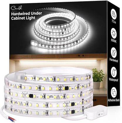 72inch Hardwired Under Cabinet Lighting for Kitchen,120V Wired Undercounter Led Strip Lights 6000K White Waterproof, Luces para Cocina Bajo Gabinete Under Shelf Lights for Sink/Workbench