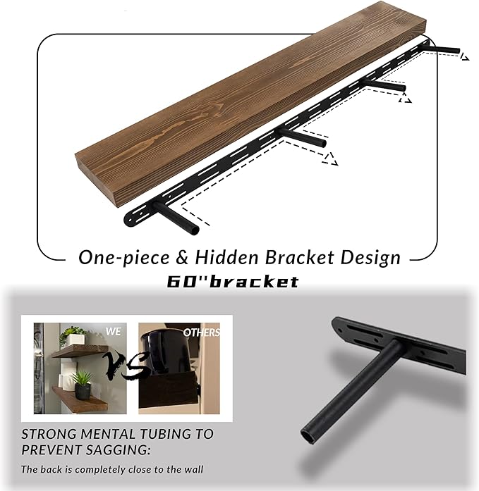 Walnut Floating Shelves 60 inch Long for Wall,Heavy Duty Rustic Wood Wall Mounted Shelves for Living Room Kitchen 8-inch deep Set of 1,with Sturdy Metal Hidden Bracket
