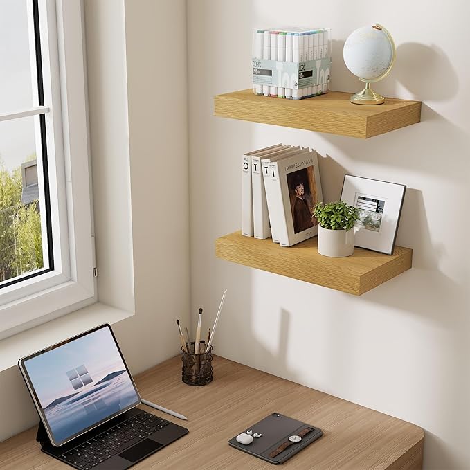 Dreamland 16 Inches Floating Shelves for Wall, 6.7 Inch Deep Floating Shelves Set of 2, Large Display & Storage Shelf, Wall Shelf for Bathroom Bedroom Living Room Kitchen Office,Oak