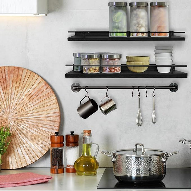 Floating Shelves for Wall, Wood Bookcases, Decor for Kitchen| Farmhouse| Bedroom| Laundry Room| Living Room| Bathroom, Hanging Storage - Black