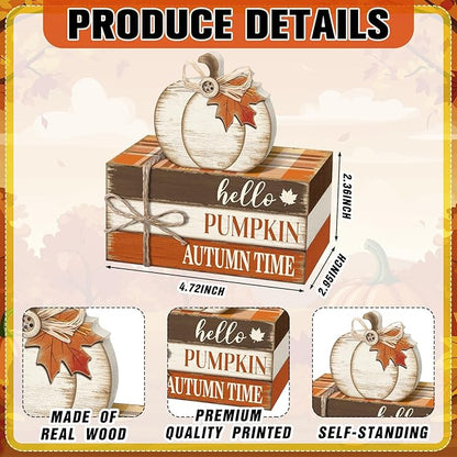 Geelin 4 Pcs Fall Tiered Tray Decorations Thanksgiving Wooden Pumpkin and Maple Leaf Book Stack Signs, Autumn Vintage Table Decoration for Home Office Table Shelf Centerpiece Farmhouse Decorations