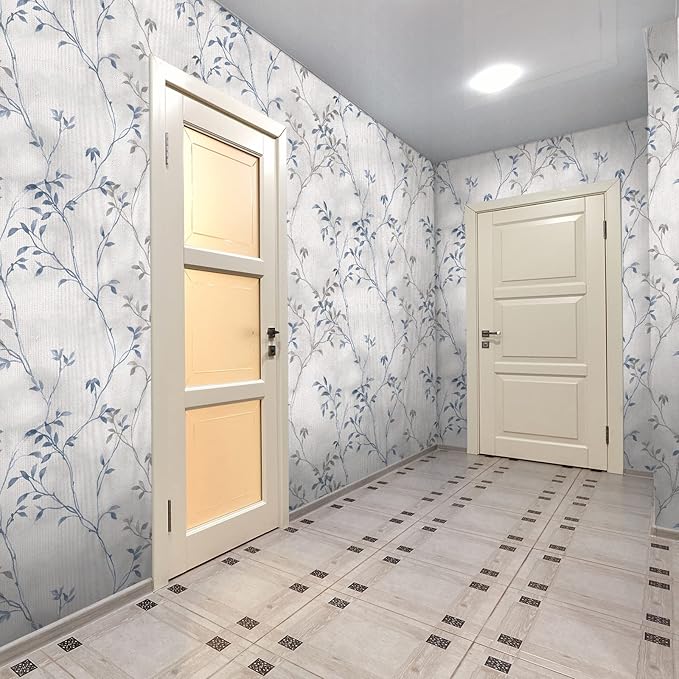 VaryStyle 17.7"x118" Grey Blue Tree Branches Wallpaper Peel and Stick Wallpaper Tree Twigs Leaf Mural Grasscloth Wallpaper Self Adhesive Removable Leaves Contact Paper for Cabinets Bedroom Bathroom