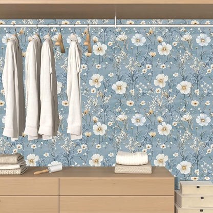 Blue Floral Peel and Stick Wallpaper White Botanical Contact Paper Vintage Leaf Wall Mural for Bedroom Bathroom Vinyl Waterproof Self Adhesive Removable Renter Dorm Wall Paper 17.5" x 118"