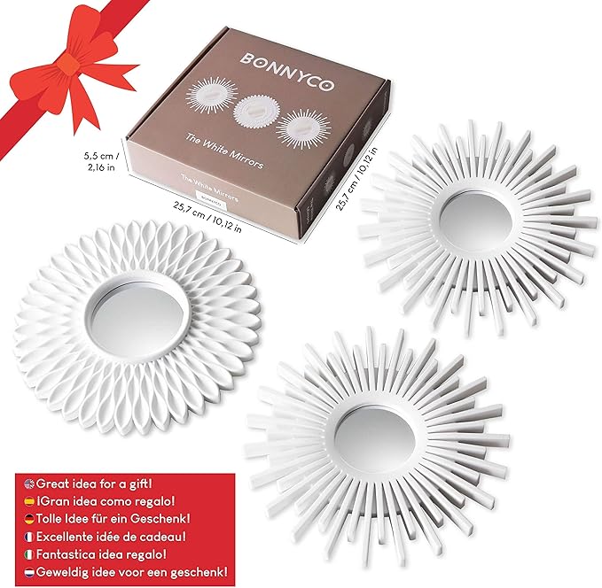 BONNYCO Wall Mirrors Pack of 3, Round White Mirrors for Home Decor, Bedroom and Room. Espejos Decorativos de Pared Sala Dormitorio, Circle Wall Decor Minimalist Vintage, Chic. Gifts for Women Mums